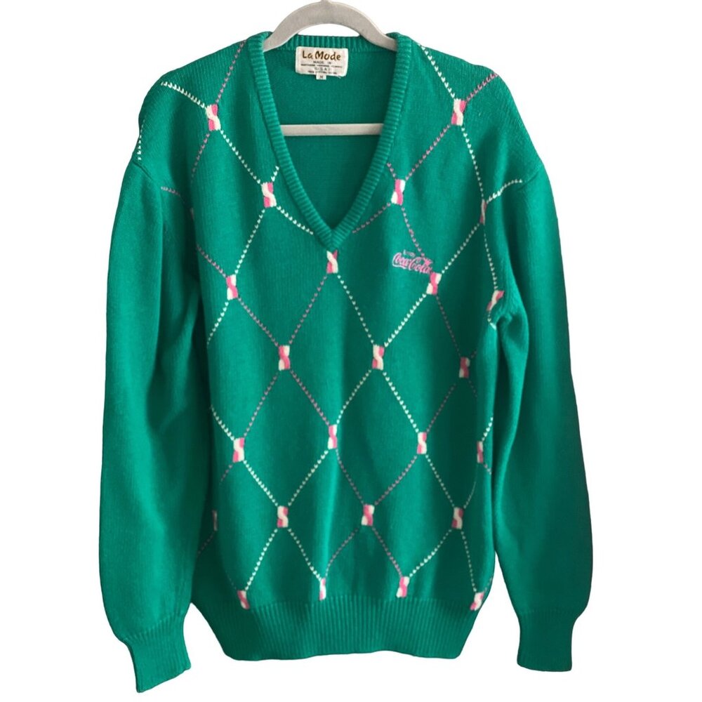Women La Mode Vintage Sweater Enjoy Coca Cola green Pink  V-neck Golf M USA